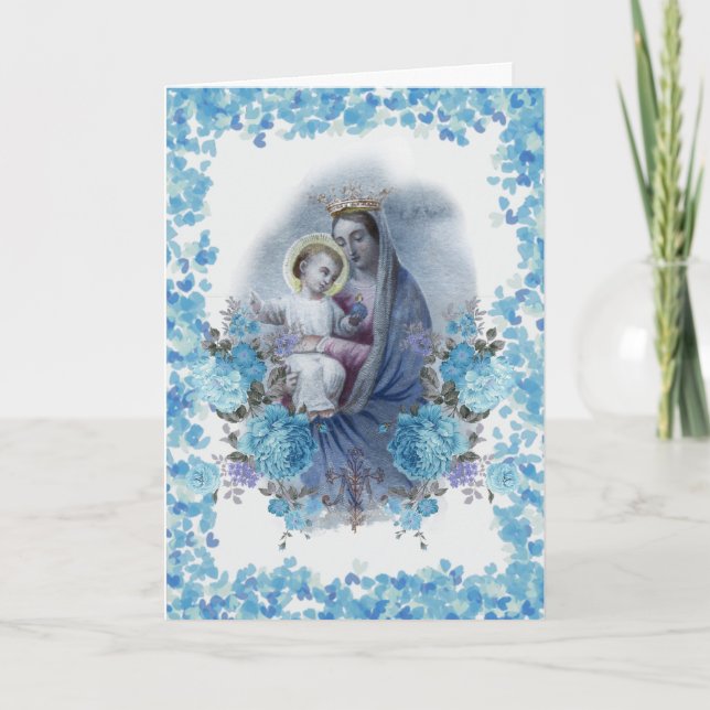Tarjeta Virgen religiosa María Floral Vintage católica (Anverso)