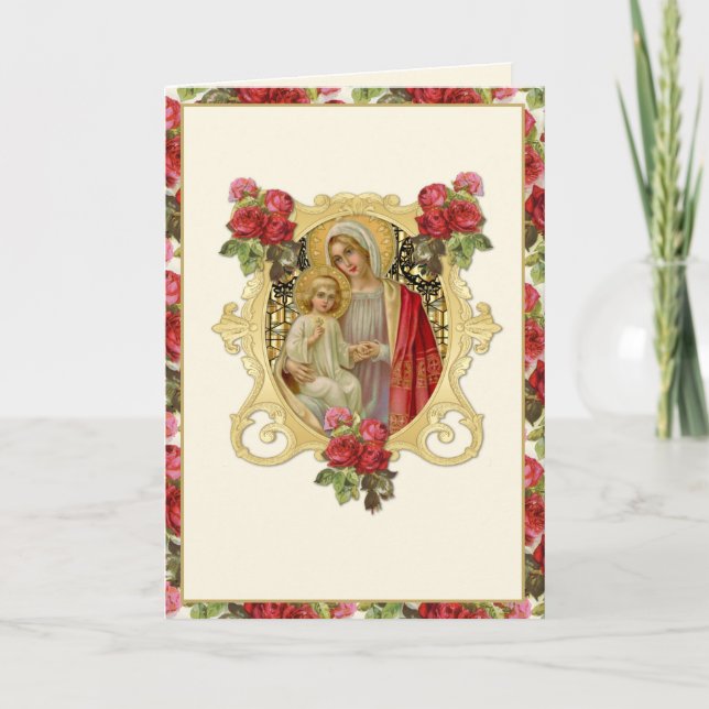 Tarjeta Virgen Religiosa María Jesús Católico Floral Rojo (Anverso)