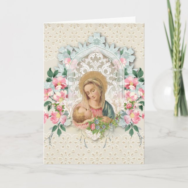 Tarjeta Virgen Religiosa María Jesús Escritura Floral Vers (Anverso)
