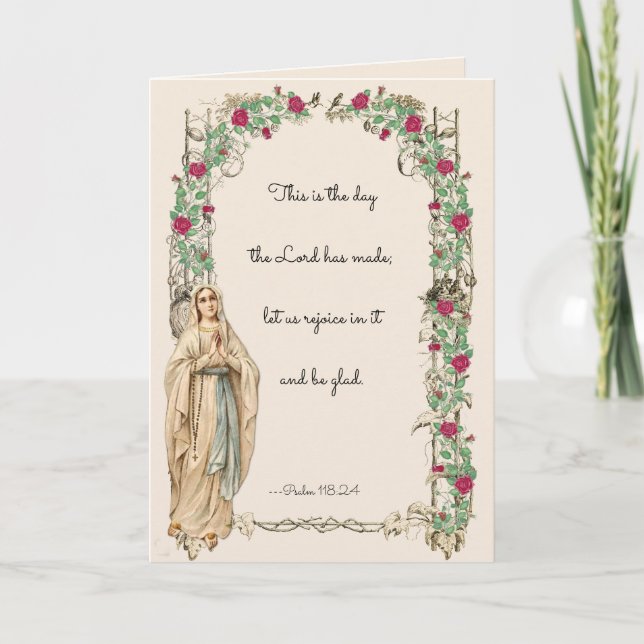 Tarjeta Virgen Religiosa María Rosario Guión Floral (Anverso)