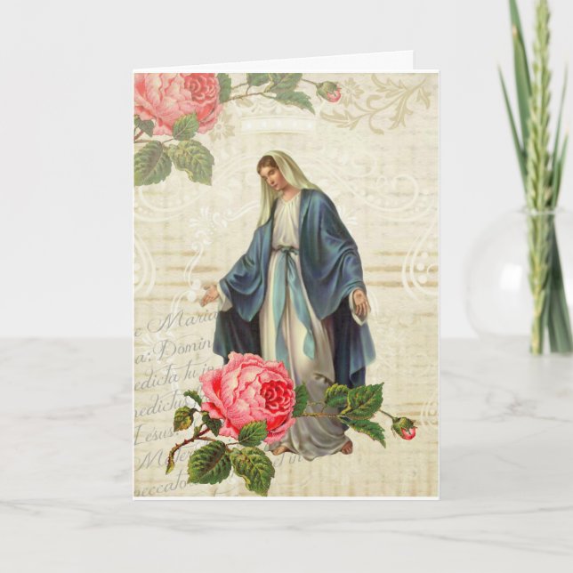 Tarjeta Virgen Vintage María Jesús Rosas religiosos (Anverso)