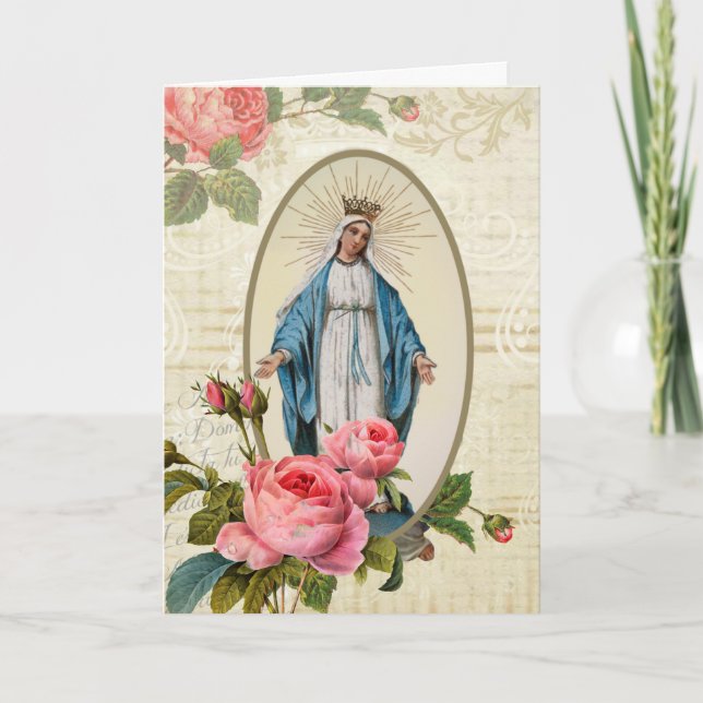 Tarjeta Virgen Vintage María Rosas Católicos Religiosos (Anverso)