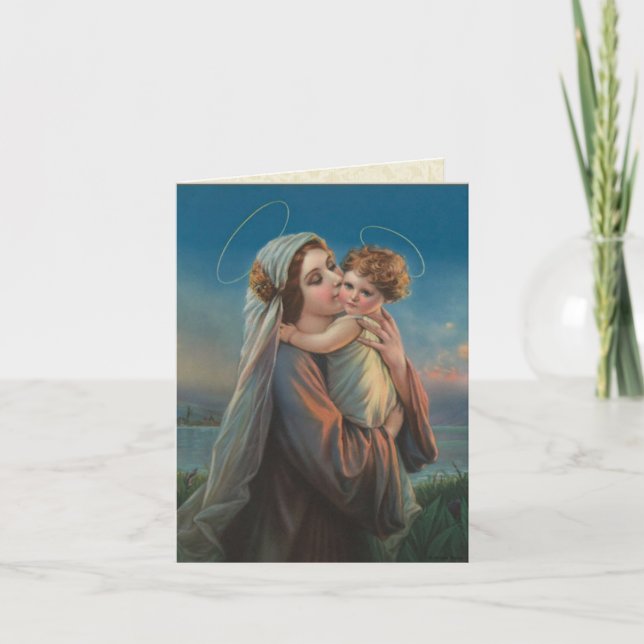 Tarjeta Virgen Vintage Religiosa María Niño Jesús (Anverso)