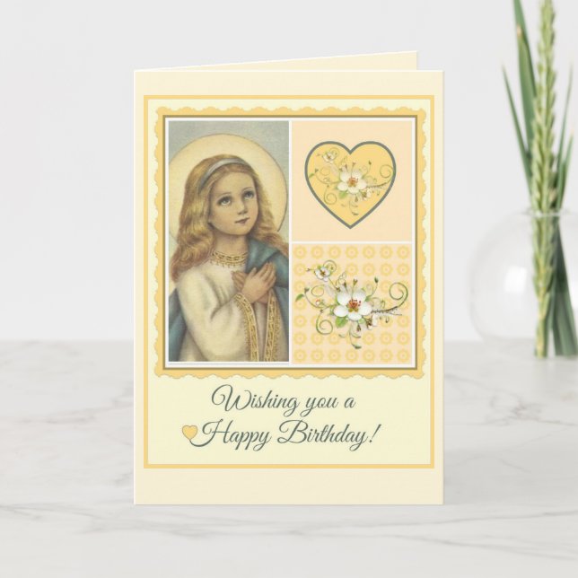 Tarjeta Virgin Mary Corazones y flores de cumpleaños (Anverso)