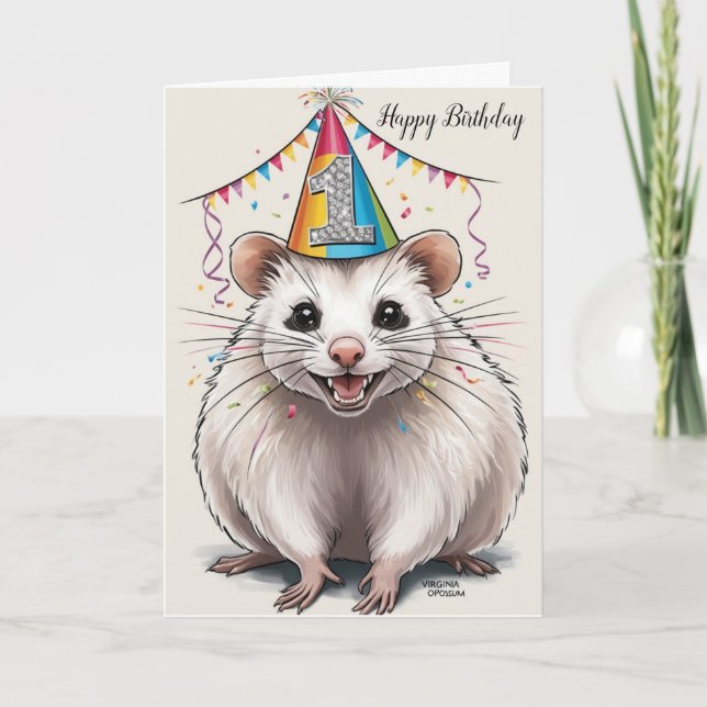 Tarjeta Virginia Opossum vistiendo gorra de cumpleaños (Anverso)