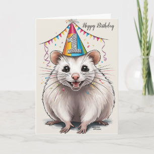 Tarjeta Virginia Opossum vistiendo gorra de cumpleaños
