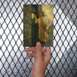 Tarjeta Visita al amanecer Jesús tocando una puerta rústic