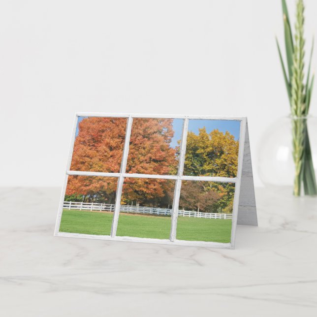 Tarjeta Vista de árbol de roble otoñal en ventana (Anverso)