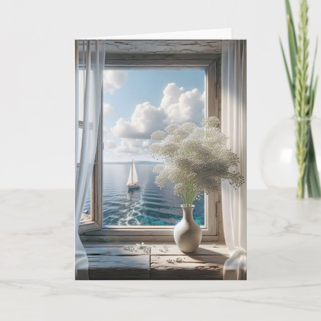 Tarjeta Vista de barco de vela en la ventana (Anverso)