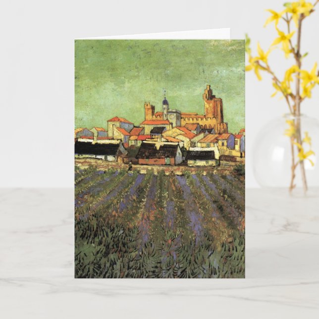 Tarjeta Vista de Saintes Maries por Vincent van Gogh (flor amarilla)