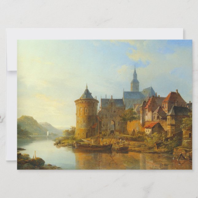 Tarjeta Vista de un pueblo holandés a lo largo del río Rin (Anverso)