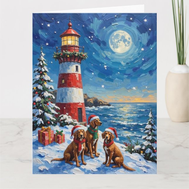 Tarjeta Vizsla Christmas Lighthouse Holiday (Anverso)