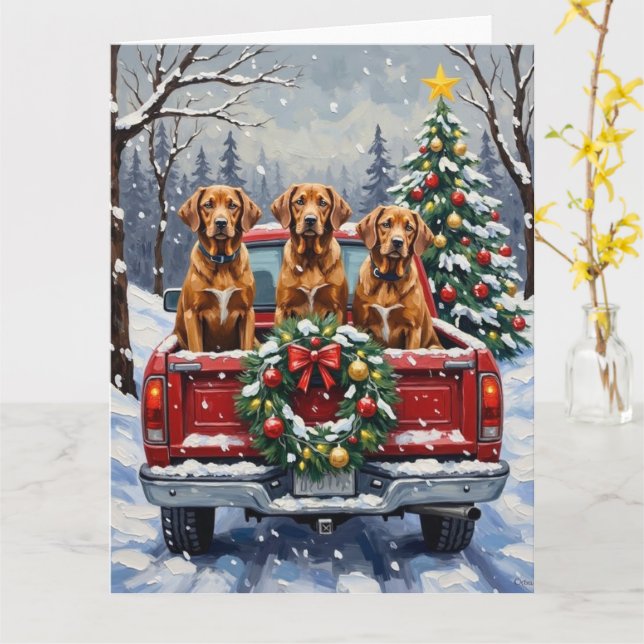 Tarjeta Vizsla Christmas Red Truck Holiday (flor amarilla)