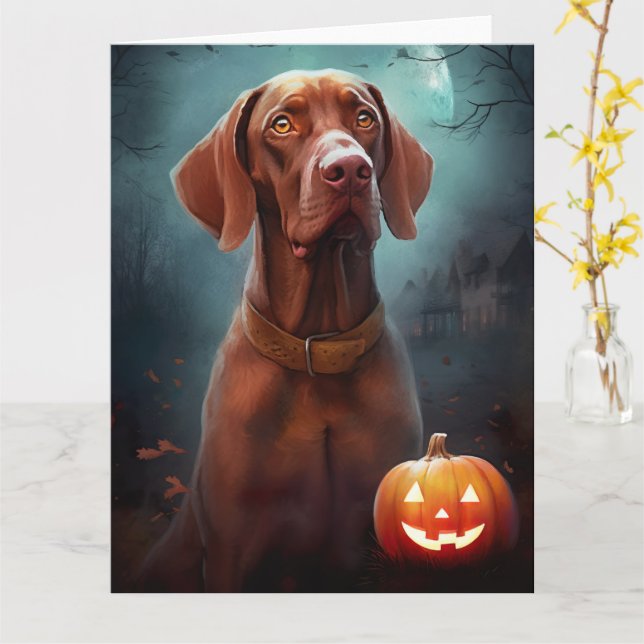 Tarjeta Vizsla de Halloween con calabazas aterradoras (flor amarilla)