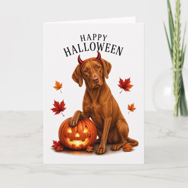 Tarjeta Vizsla perro diablo de Halloween (Anverso)