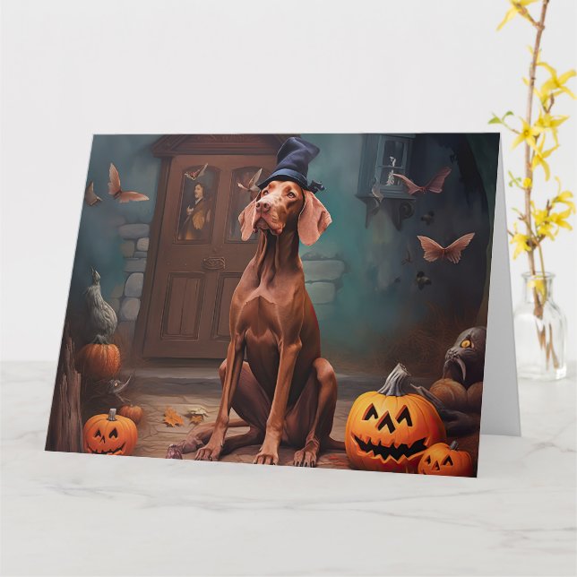 Tarjeta Vizsla Pumpkins Halloween Scary (flor amarilla)