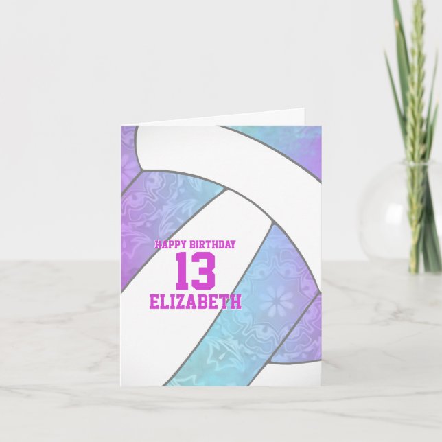 Tarjeta voleibol rosa morado turquesa feliz cumpleaños (Anverso)