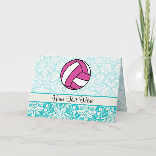 Tarjeta Voleibol rosa; patrón Damask (Anverso)