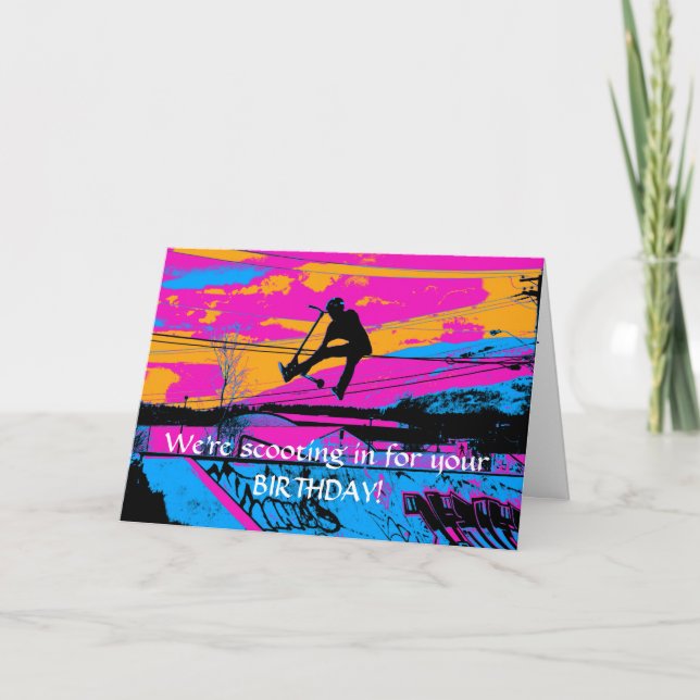 Tarjeta "¡Volemos!" Motociclista volador alto (Anverso)