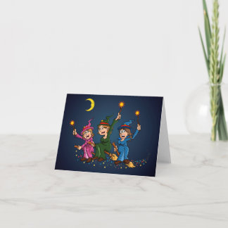 Tarjeta Vrolijke illustratie van 3 heksen op hun bezem