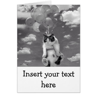Tarjeta: Vuelo divertido del gato con los globos