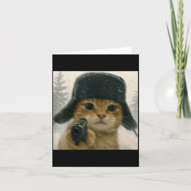 Tarjeta Wacky Cat Wearing Ushanka Hat Russian Meme Cat Hum (Anverso)