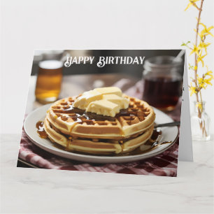 Tarjeta Waffles en placa con jarabe y botón encima