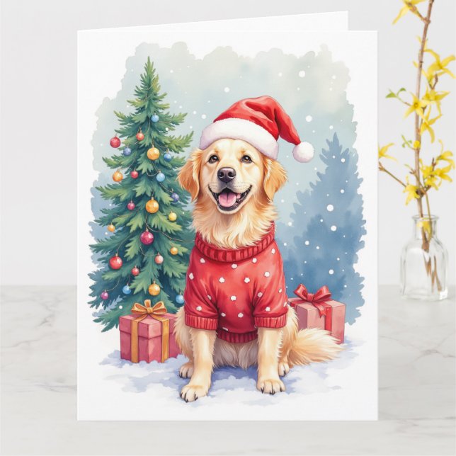 Tarjeta Warm Watercolor Golden Retriever Christmas Tree (flor amarilla)