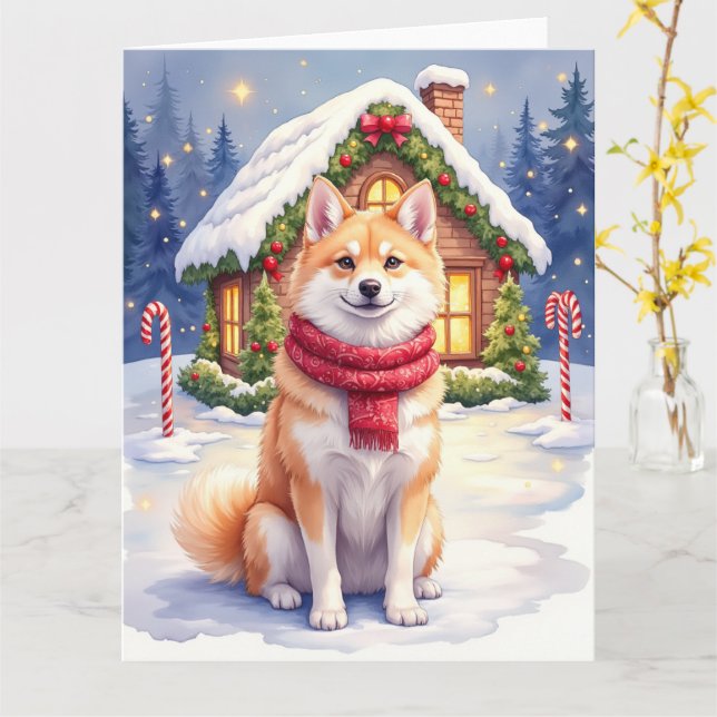 Tarjeta Watercolor Akita Gingerbread House Christmas  (flor amarilla)