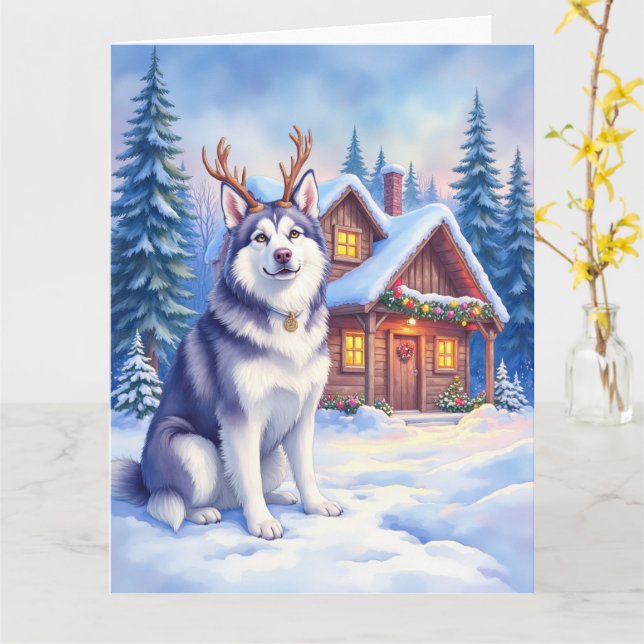 Tarjeta Watercolor Alaskan Malamute Reindeer Christmas (flor amarilla)