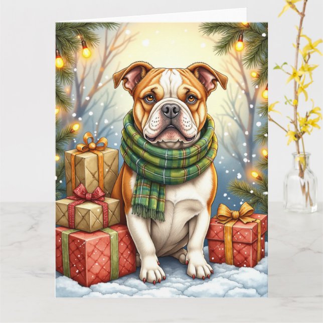 Tarjeta Watercolor American Bulldog Christmas Holiday (flor amarilla)