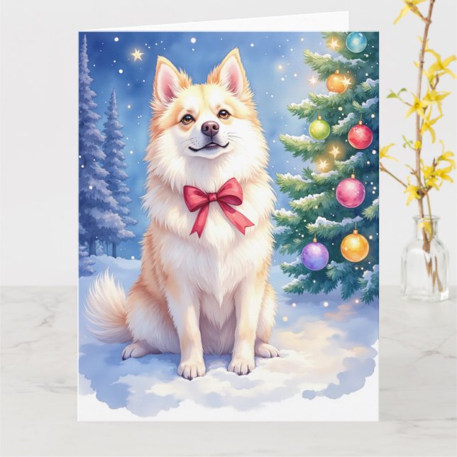 Tarjeta Watercolor American Eskimo Dog Sparkling Christmas (flor amarilla)