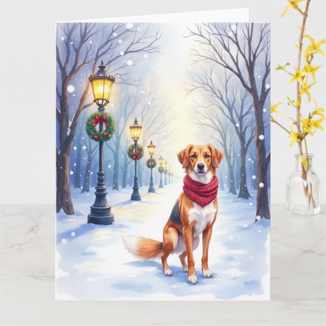 Tarjeta Watercolor American Foxhound Snowy Lamppost (flor amarilla)