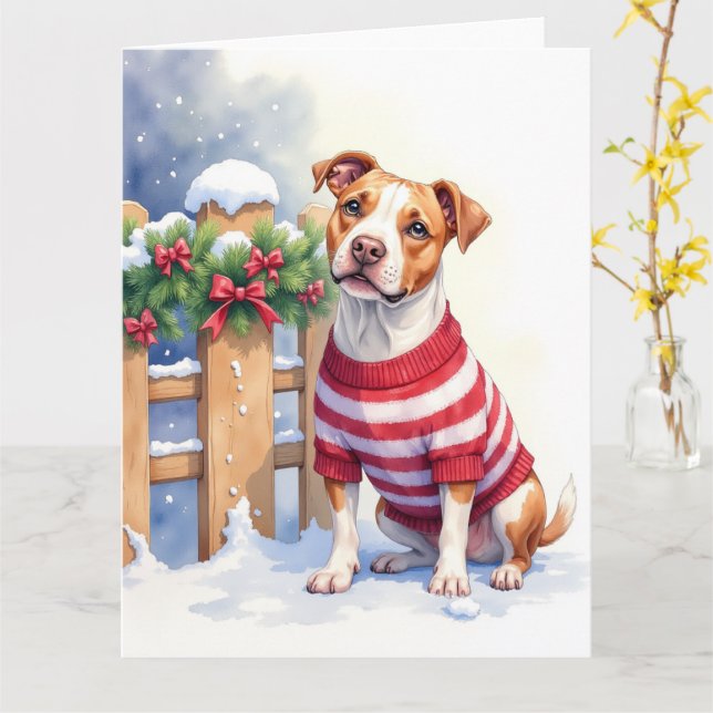 Tarjeta Watercolor American Pit Bull Terrier Festive (flor amarilla)