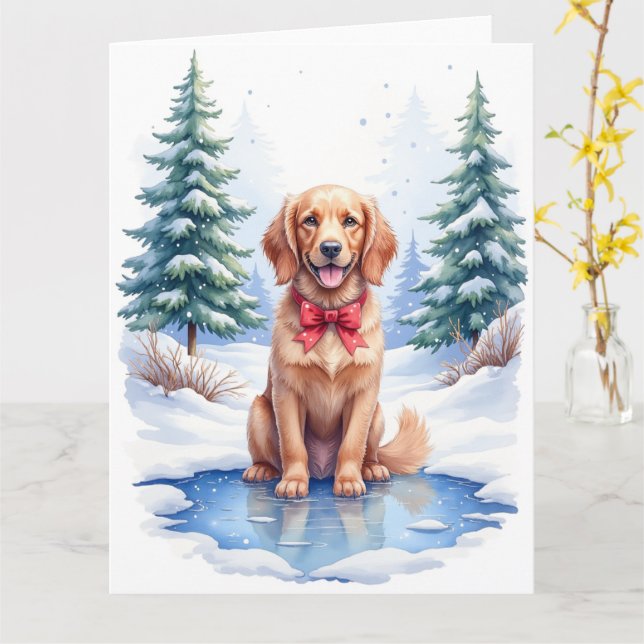 Tarjeta Watercolor American Water Spaniel Frozen Pond (flor amarilla)