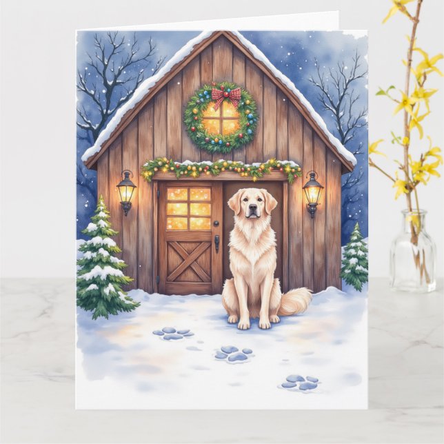 Tarjeta Watercolor Anatolian Shepherd Dog Rustic Barn (flor amarilla)