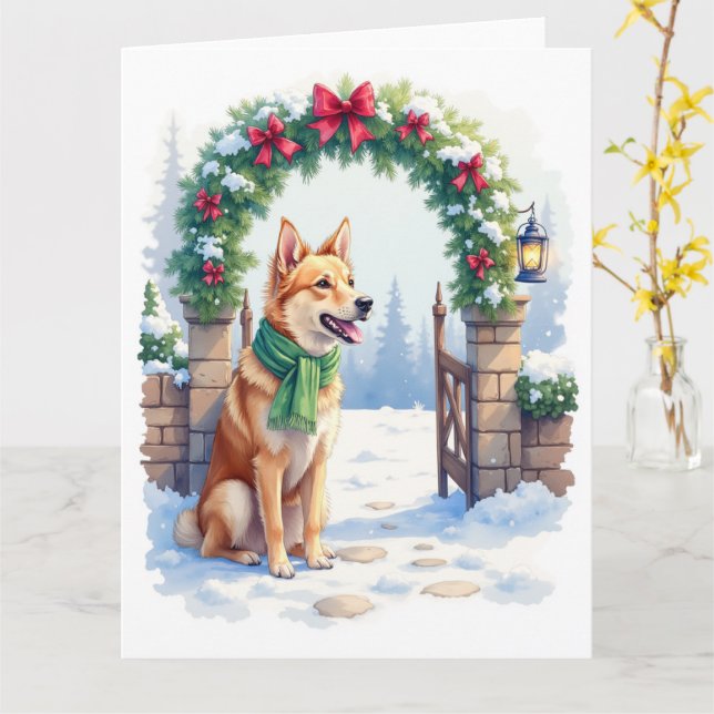 Tarjeta Watercolor Australian Kelpie Countryside Gate (flor amarilla)