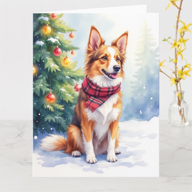 Tarjeta Watercolor Australian Shepherd Glowing Christmas (flor amarilla)