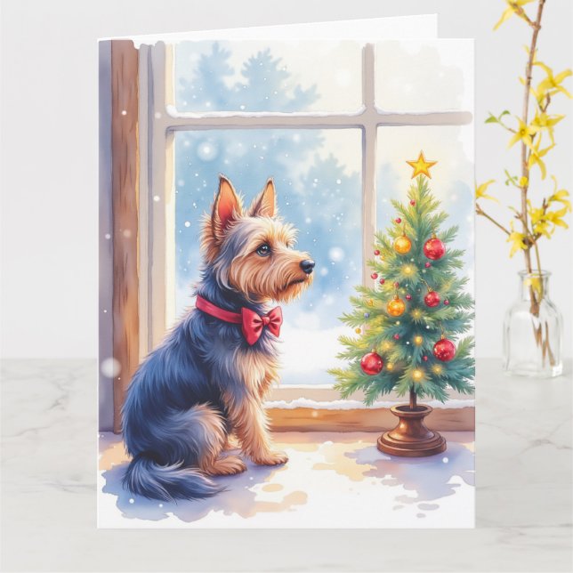 Tarjeta Watercolor Australian Terrier Tabletop Christmas (flor amarilla)