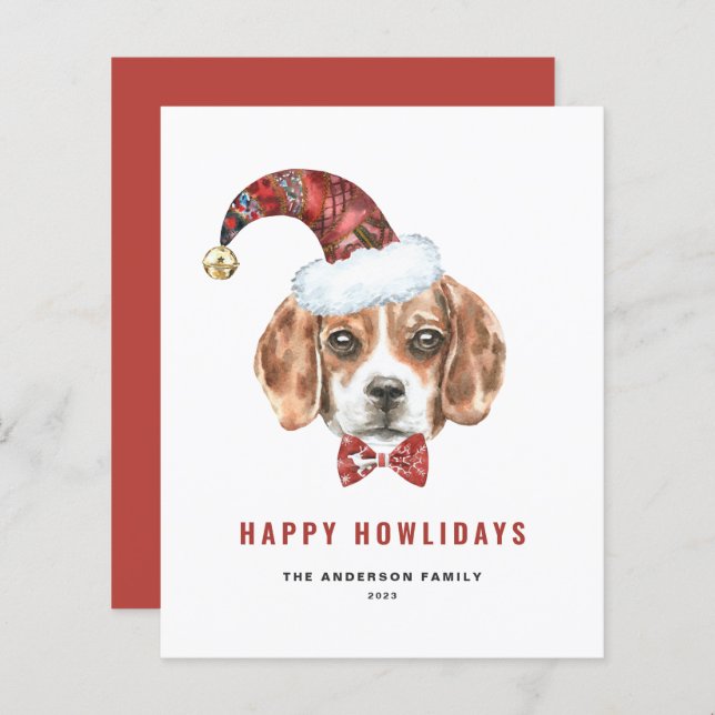Tarjeta Watercolor Beagle Santa Happy Howlidays (Anverso / Reverso)