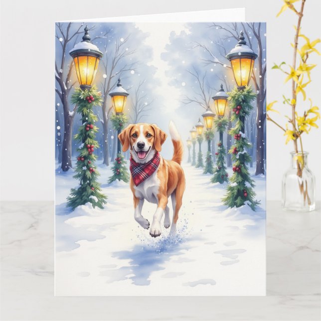 Tarjeta Watercolor Beagle Snowy Park Christmas Holiday (flor amarilla)