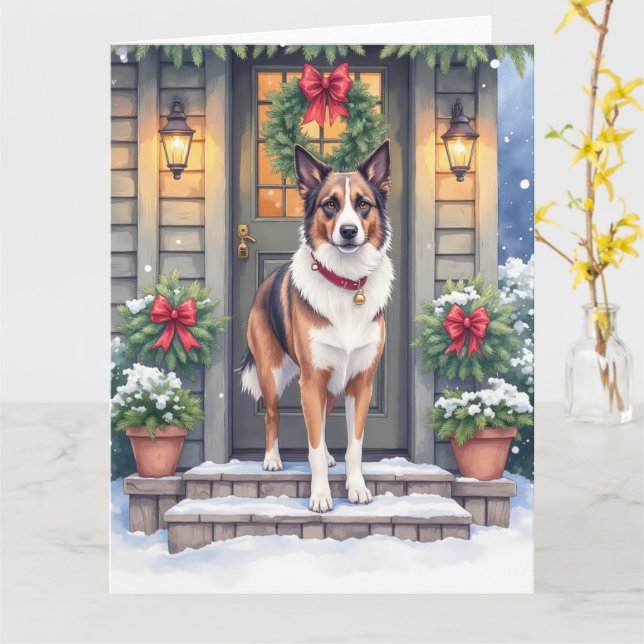 Tarjeta Watercolor Beauceron Rustic Porch Christmas (flor amarilla)
