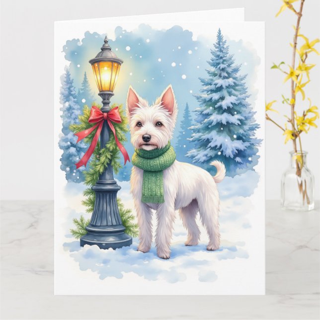 Tarjeta Watercolor Bedlington Terrier Lamppost Christmas (flor amarilla)
