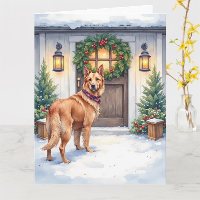 Tarjeta Watercolor Belgian Laekenois Farmhouse Christmas (flor amarilla)