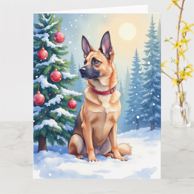 Tarjeta Watercolor Belgian Malinois Evergreen Christmas (flor amarilla)