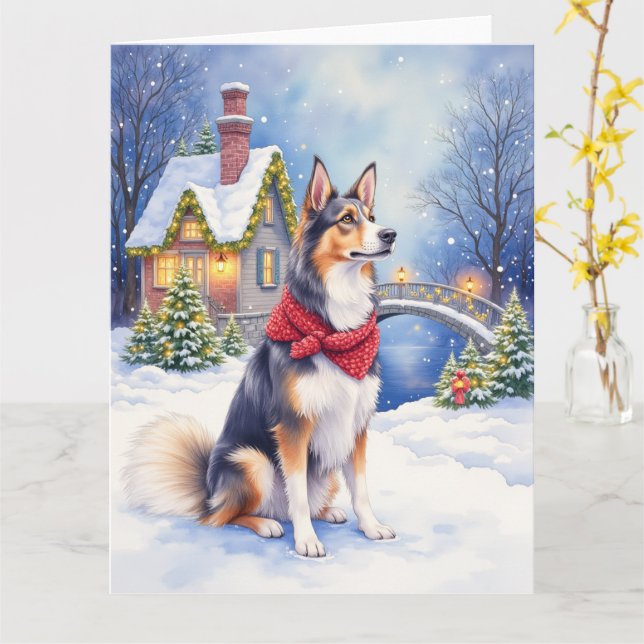 Tarjeta Watercolor Belgian Sheepdog Winter Christmas (flor amarilla)
