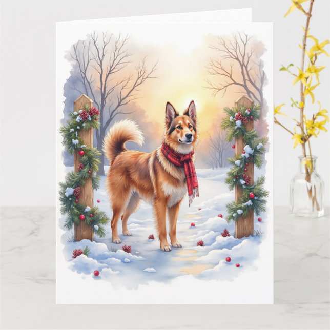 Tarjeta Watercolor Belgian Tervuren Garland Christmas (flor amarilla)
