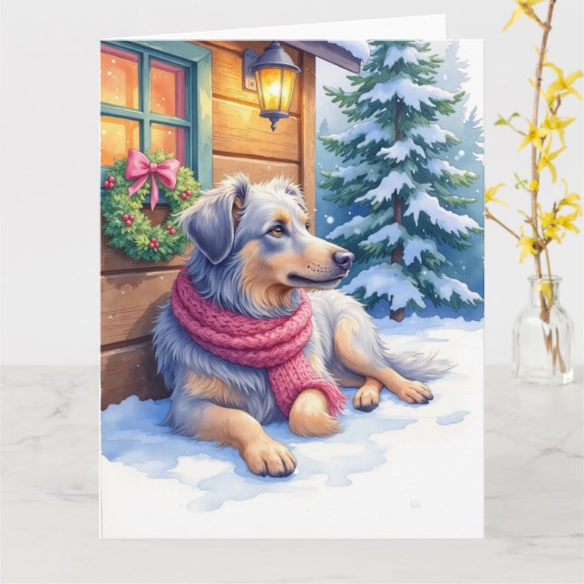 Tarjeta Watercolor Bergamasco Shepherd Cabin Christmas (flor amarilla)