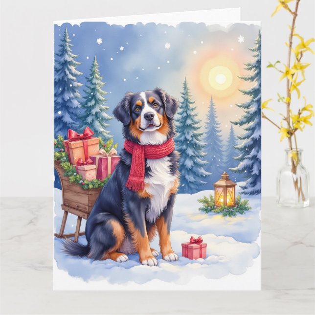 Tarjeta Watercolor Bernese Mountain Dog Sleigh Christmas (flor amarilla)
