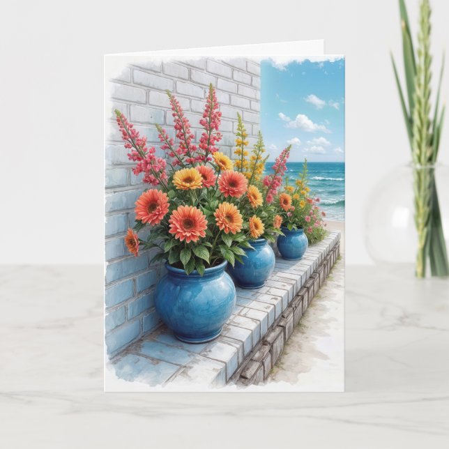 Tarjeta Watercolor Birthday Beach Dahlias (Anverso)